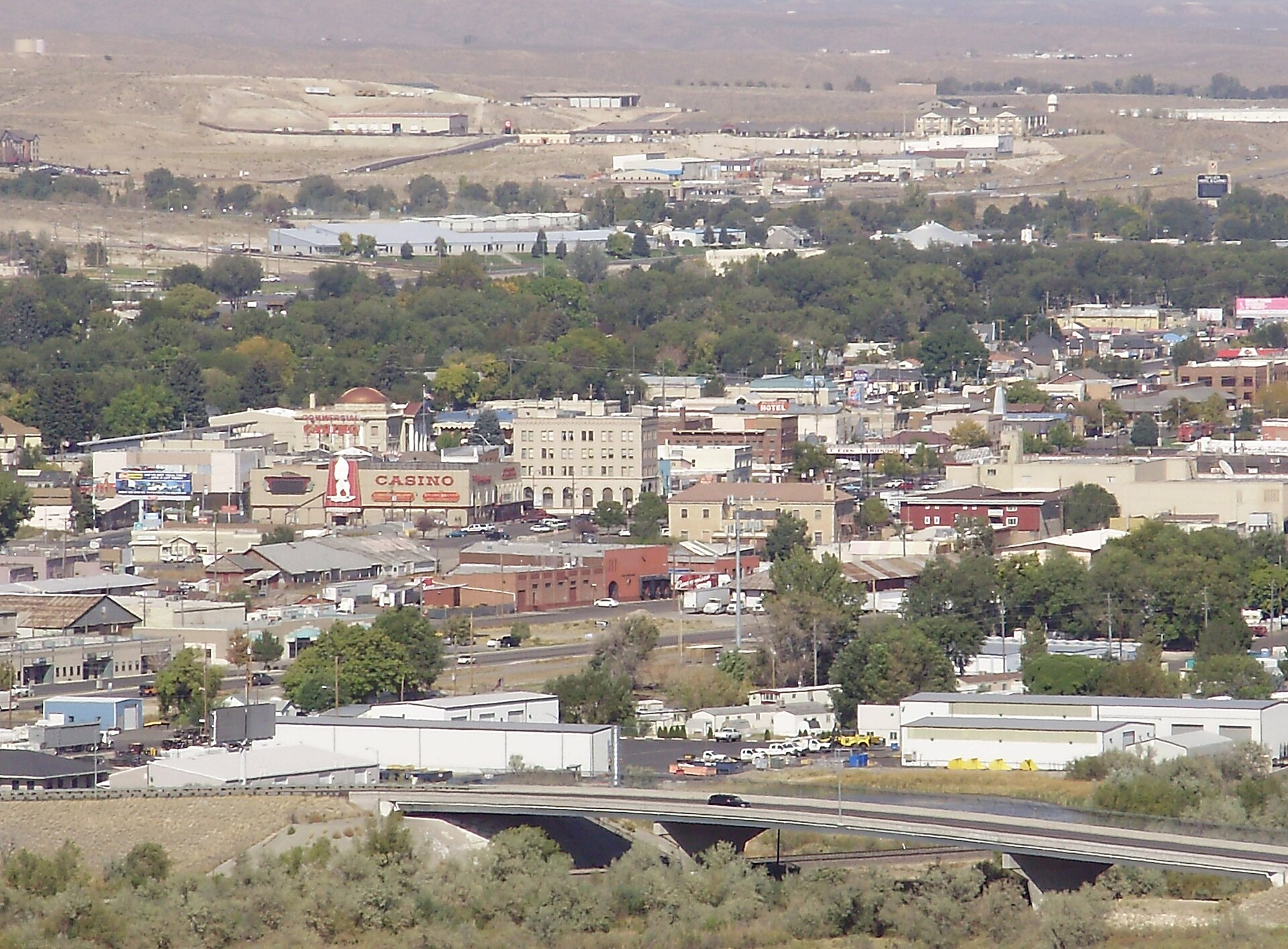 An elevated view of downtown Elko set against high-desert terrain, Elko County, Nevada.