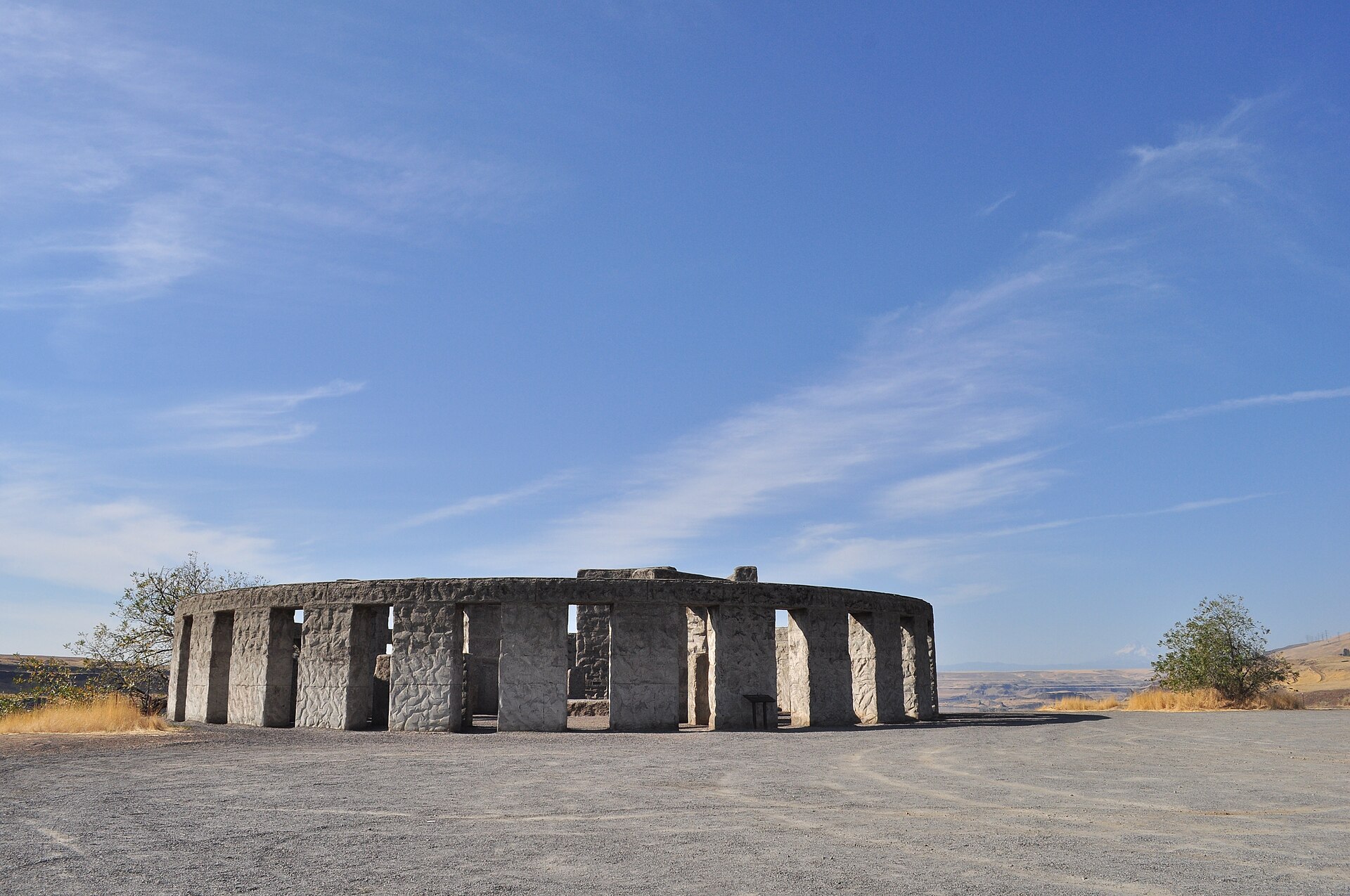 The full-scale concrete replica of Stonehenge that serves as a World War I memorial, standing above the Columbia River near Maryhill in Klickitat County, Washington.