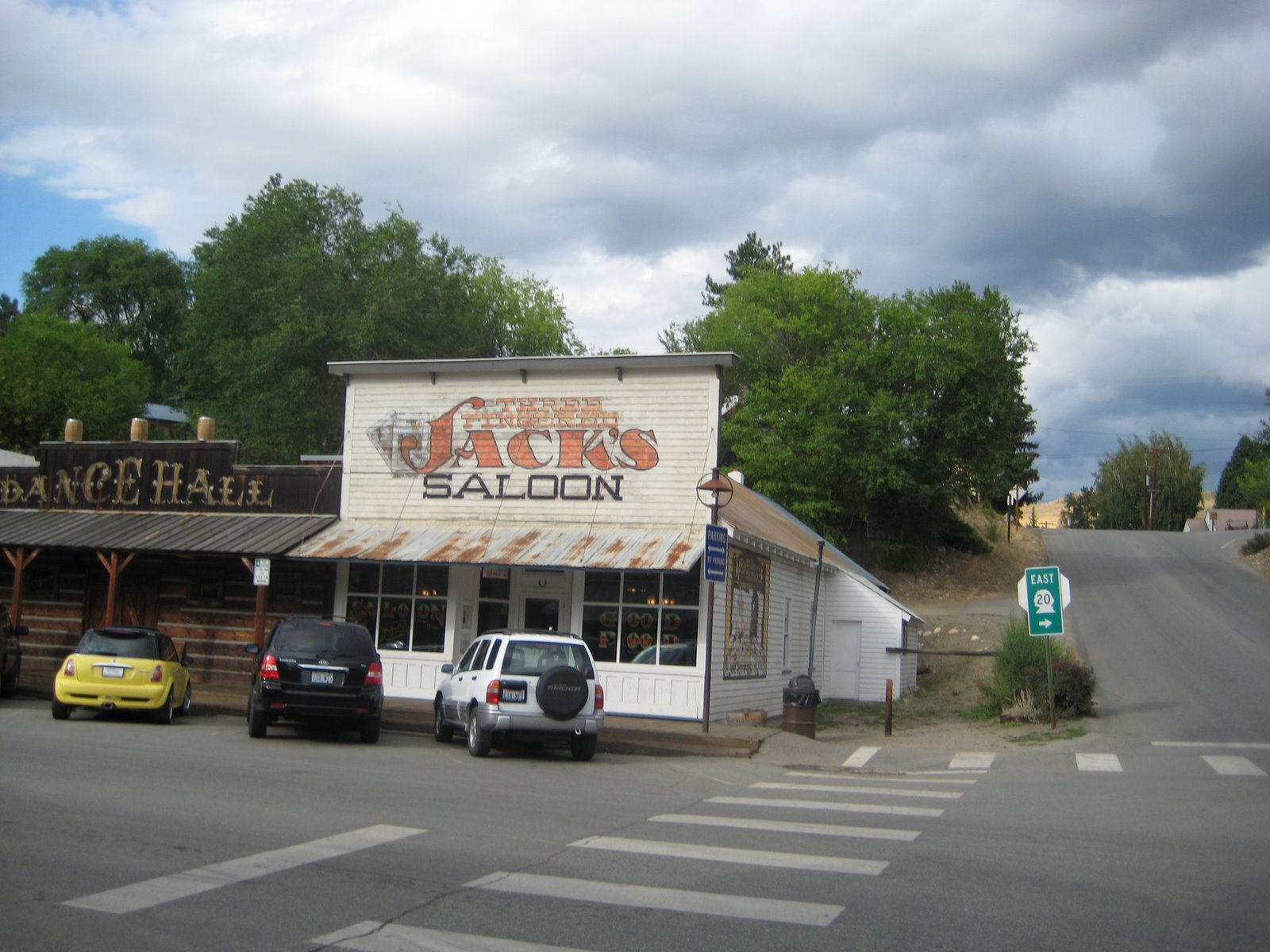 Western false-front storefronts along the themed main street of Winthrop, a tourist town in the Methow Valley of Okanogan County, Washington.