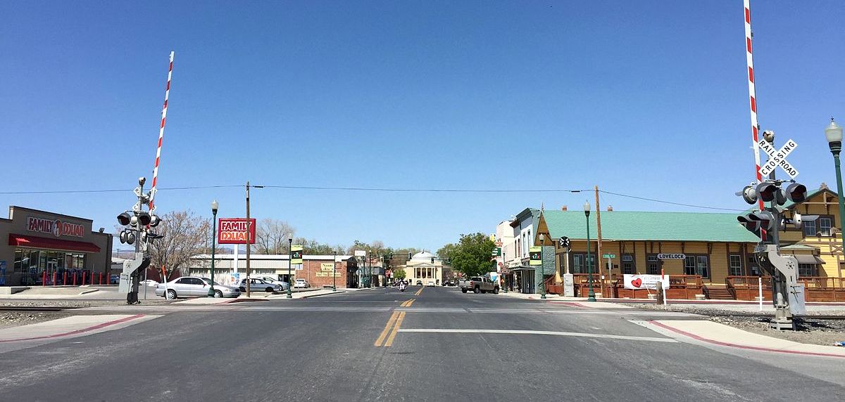 Historic commercial buildings along Main Street in Lovelock, the county seat of Pershing County, Nevada.